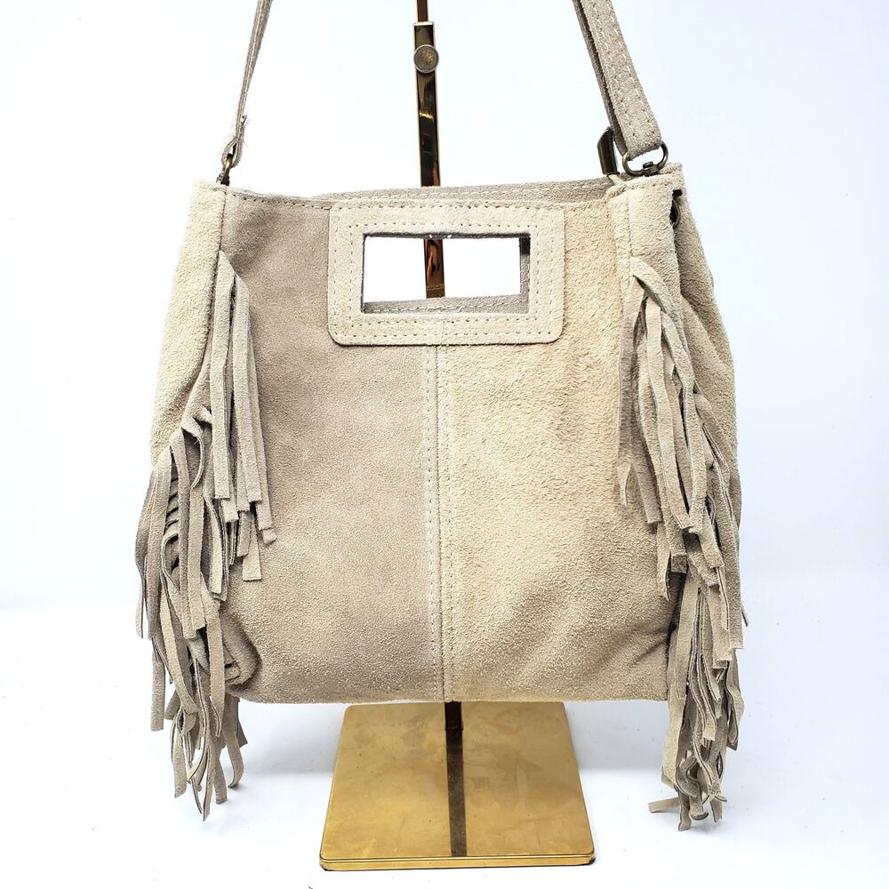 Debbie Katz Crissy Suede Fringe Crossbody Bag Western Cowgirl Leather Beige